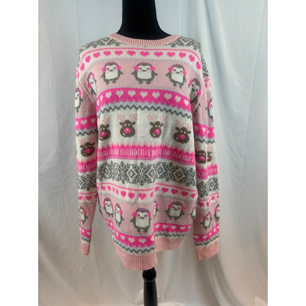 Pink Penguin Reindeer Fair Isle‎ Ugly Christmas Sweater Long Sleeve Size XXL